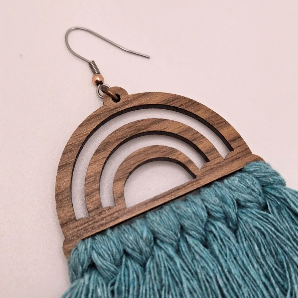 Tassel Earrings Turquoise Fringe Wood Dangle Southwestern Hippie Boho Maximalist